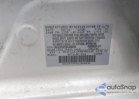 2016 Nissan Versa 1.6 Sv from USA, damaged, VIN 3N1CN7AP3GL868836